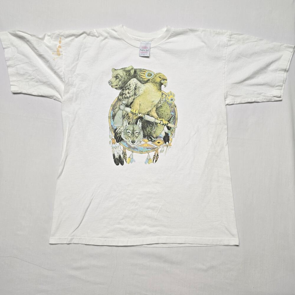 Vintage Animal Shirt White XL Native Wildlife Bear, Hawk, Wolf Nature Tee 90s